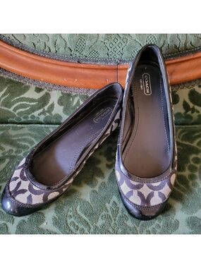 Coach Ballet Flats Signature Logo Jacquard Canvas with Patent Leather Toe Cap